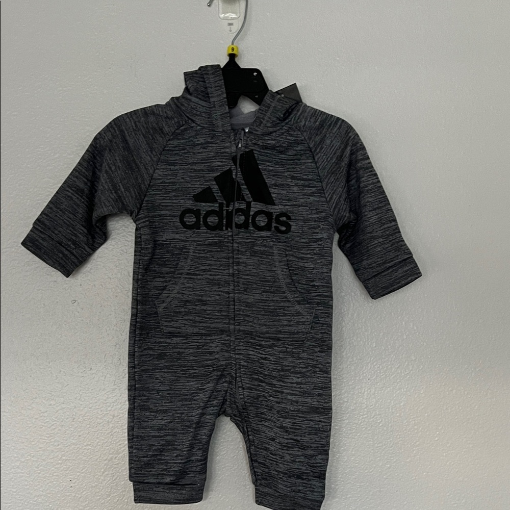 NWT Adidas Charcoal Kids One Piece Footie with Hoodie sz 3 months